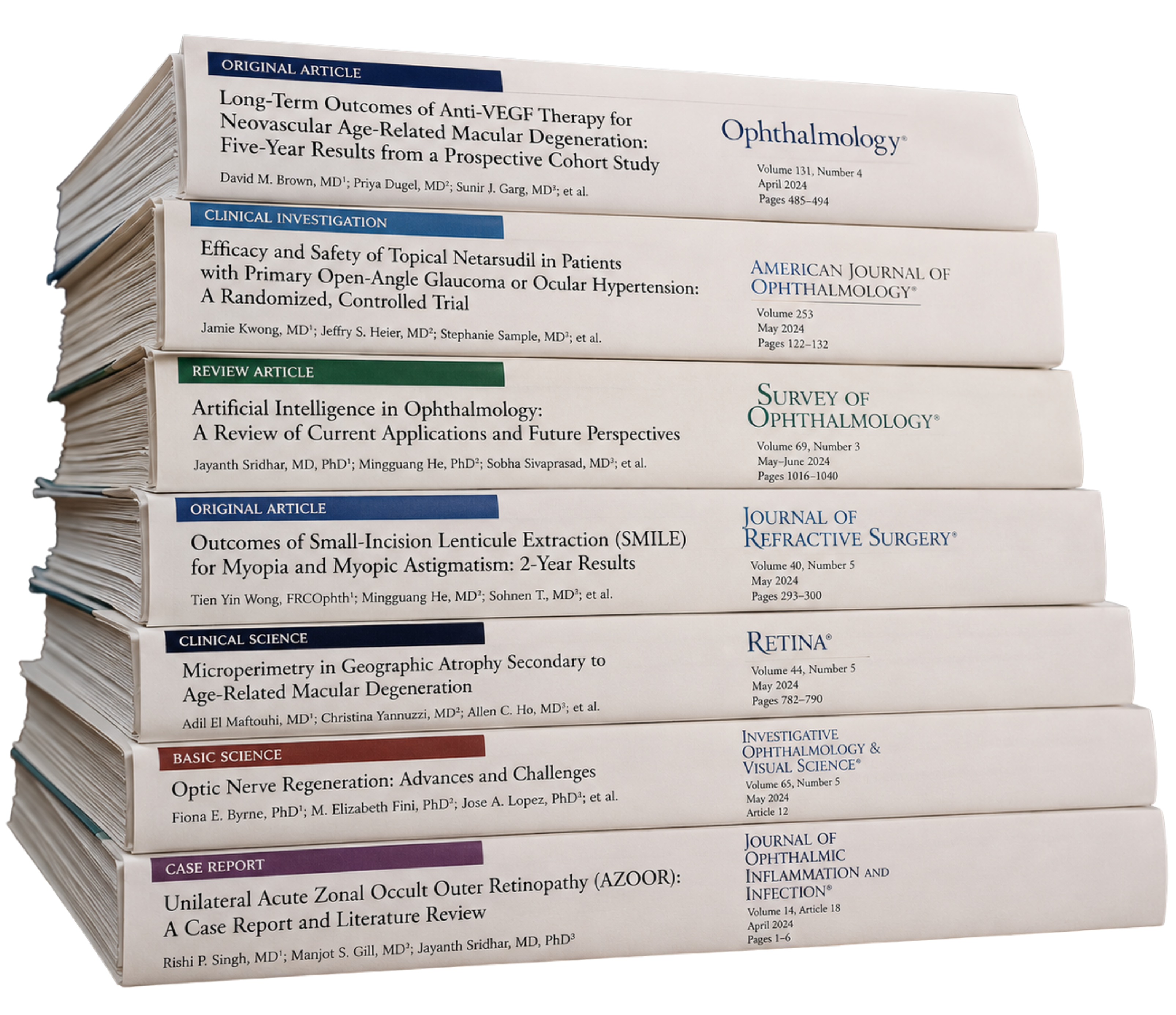 Stack of peer-reviewed ophthalmology research papers